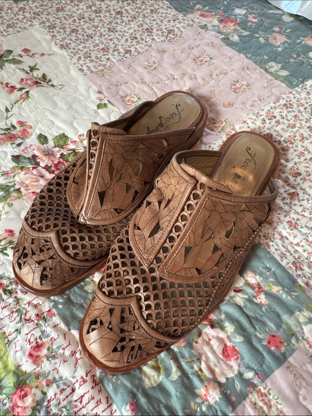 Free People Tan Woven Leather Slip-On Mules